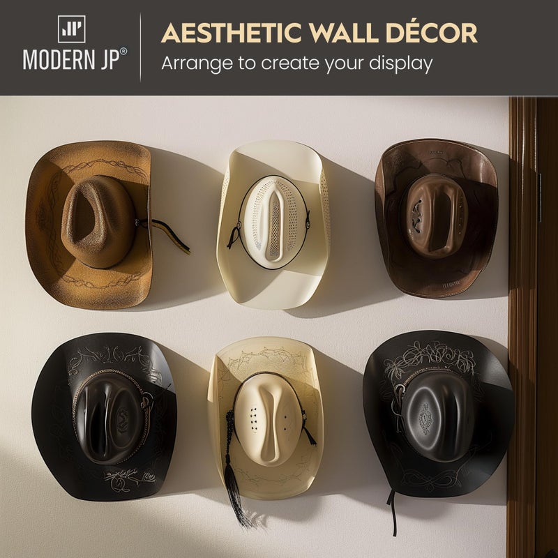 Modern JP Adhesive Hat Hooks for Wall (6-Pack) - Cowboy Hat Rack, Wide Brim Hat Organizer, Strong Hold Hat Hangers for Wall - Clear - Image 2